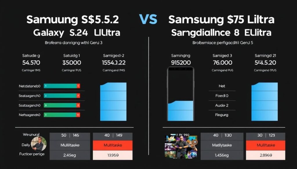 Comparativo de desempenho entre Galaxy S24 Ultra e S25 Ultra mostrando benchmarks Comparativo de desempenho entre Galaxy S24 Ultra e S25 Ultra mostrando benchmarks